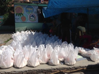 Rows of relief packages bagged and ready for distribution